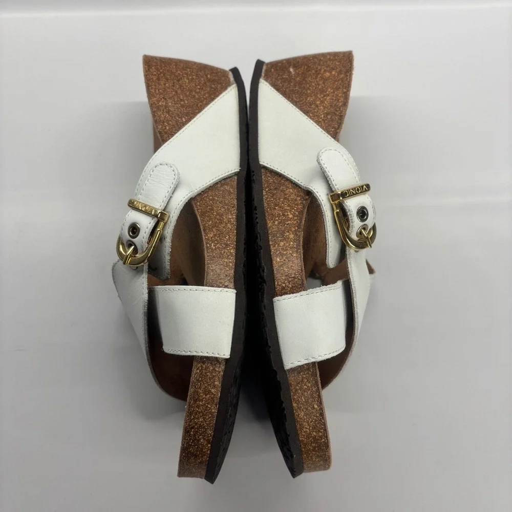 Vionic White Crossband Wedge Sandals with Gold Buckle